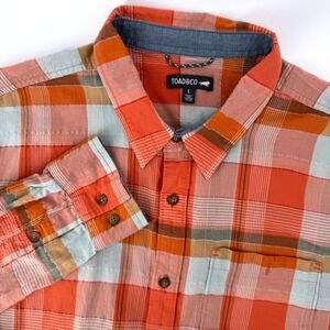 Toad&Co Long Cuba Libre Long Sleeve Shirt Orange Plaid Organic Cotton Button Up